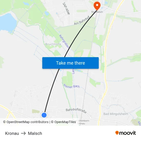 Kronau to Malsch map