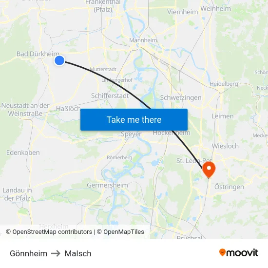 Gönnheim to Malsch map