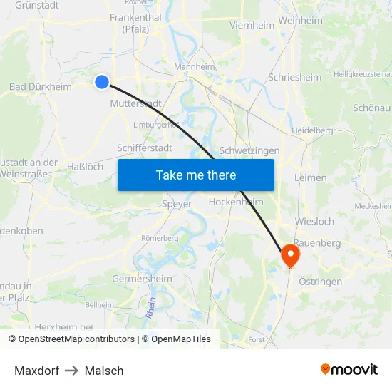 Maxdorf to Malsch map