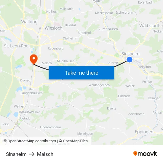 Sinsheim to Malsch map