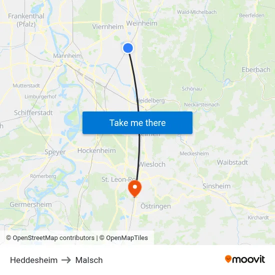 Heddesheim to Malsch map