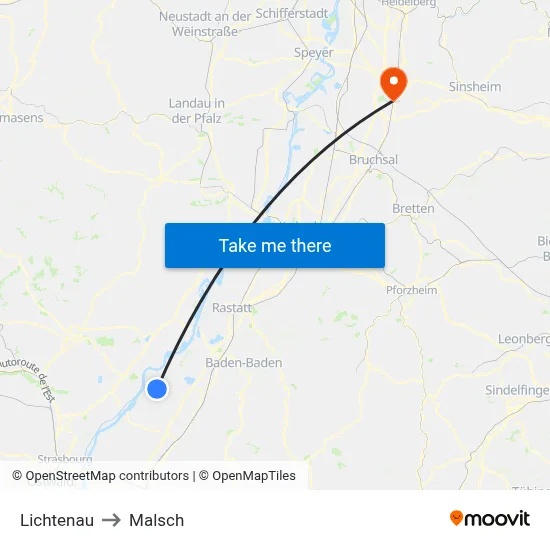 Lichtenau to Malsch map