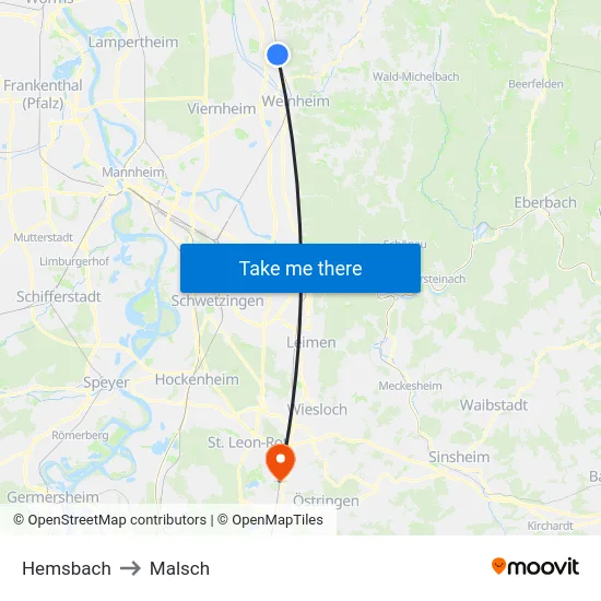 Hemsbach to Malsch map