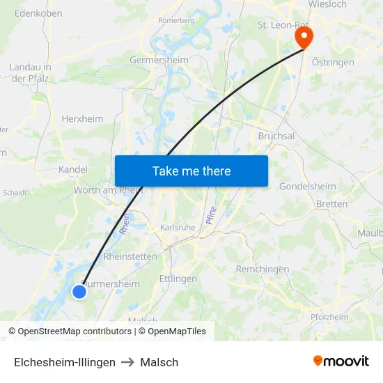 Elchesheim-Illingen to Malsch map