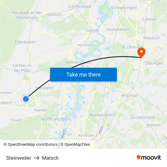 Steinweiler to Malsch map