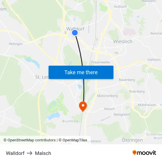 Walldorf to Malsch map