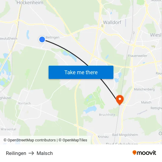 Reilingen to Malsch map