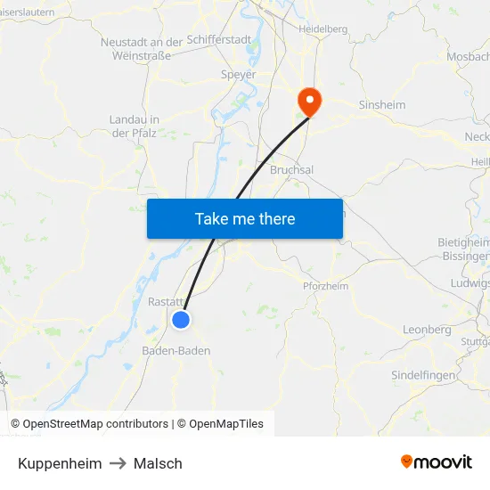 Kuppenheim to Malsch map