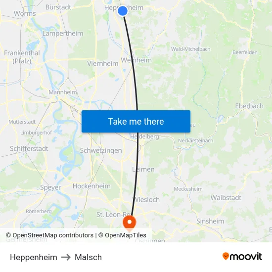 Heppenheim to Malsch map