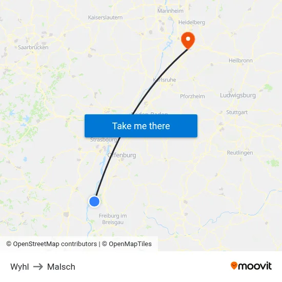 Wyhl to Malsch map
