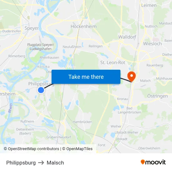 Philippsburg to Malsch map