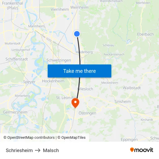 Schriesheim to Malsch map