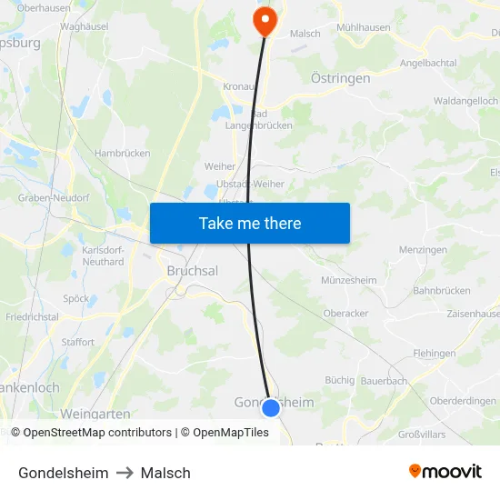 Gondelsheim to Malsch map