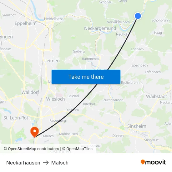 Neckarhausen to Malsch map