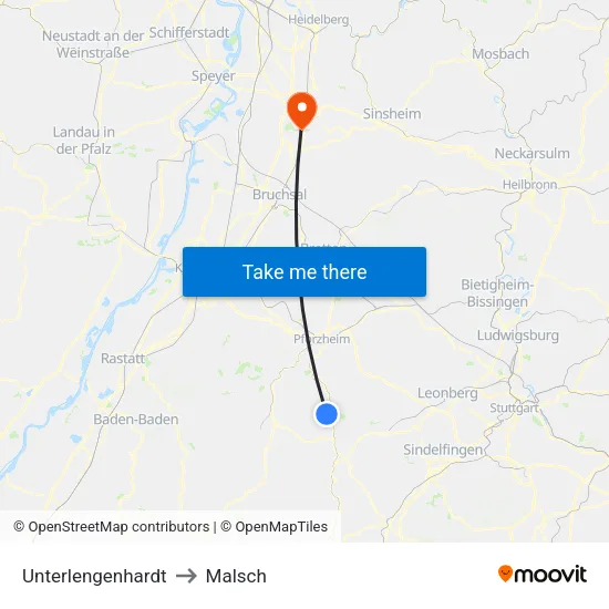 Unterlengenhardt to Malsch map