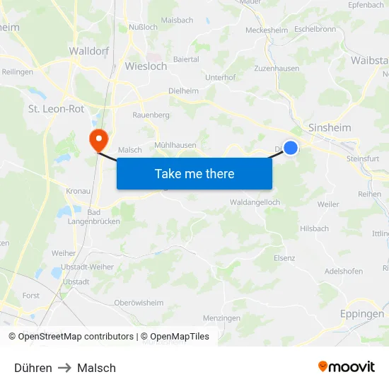 Dühren to Malsch map