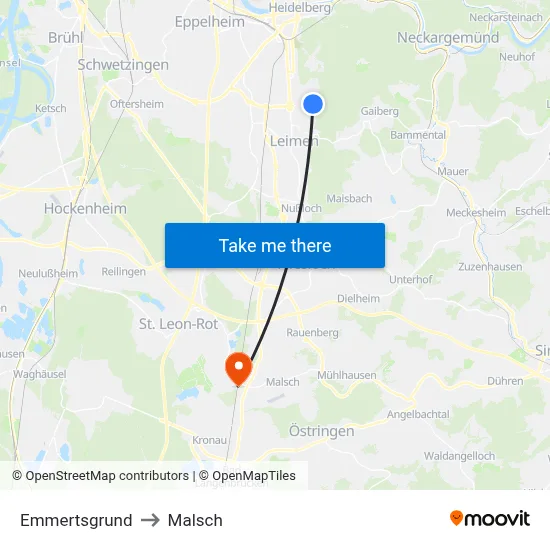 Emmertsgrund to Malsch map