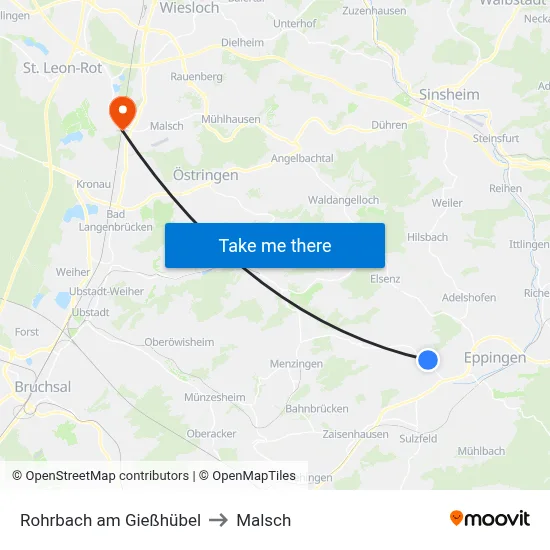 Rohrbach am Gießhübel to Malsch map