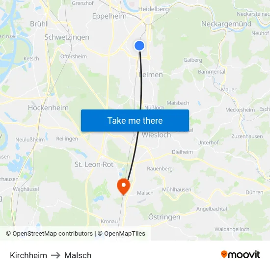 Kirchheim to Malsch map