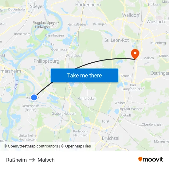 Rußheim to Malsch map