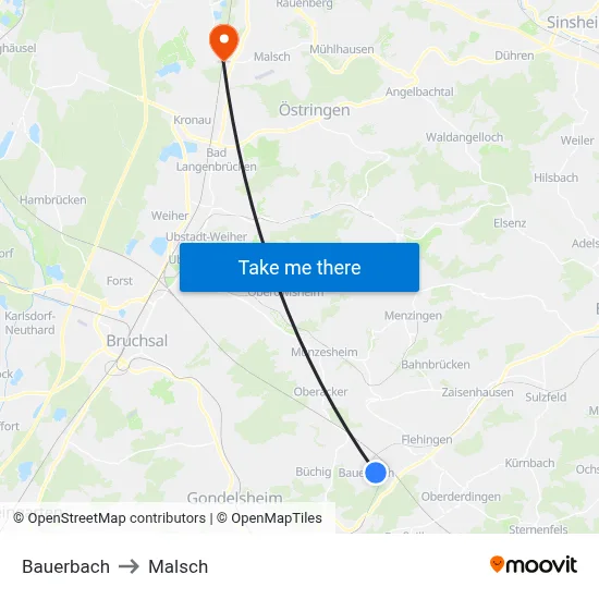 Bauerbach to Malsch map