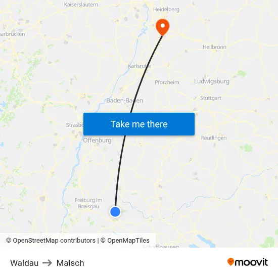 Waldau to Malsch map