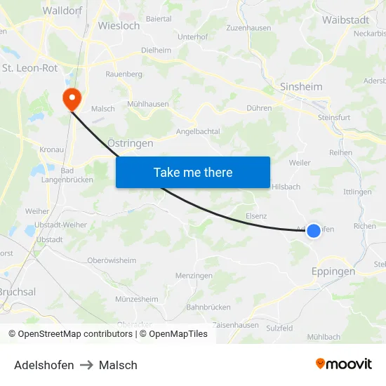 Adelshofen to Malsch map