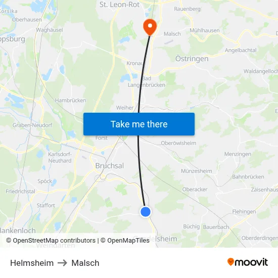 Helmsheim to Malsch map