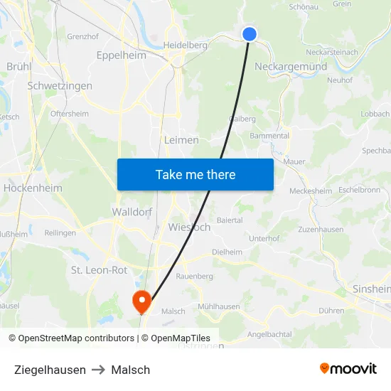 Ziegelhausen to Malsch map