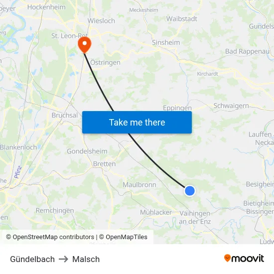Gündelbach to Malsch map