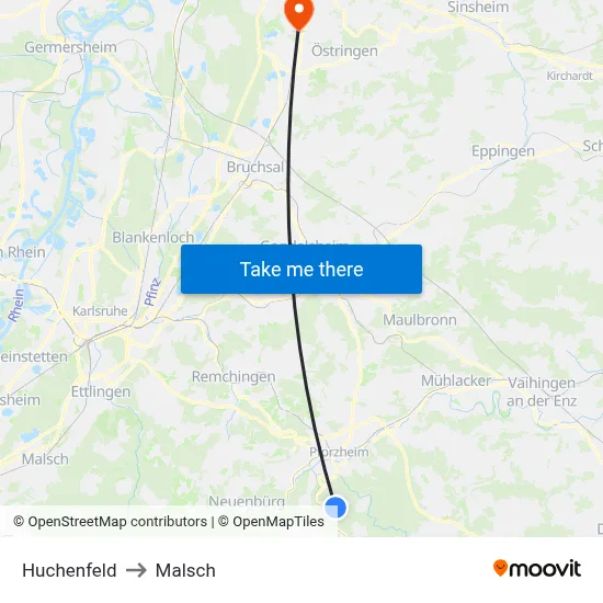 Huchenfeld to Malsch map