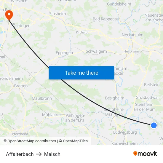 Affalterbach to Malsch map