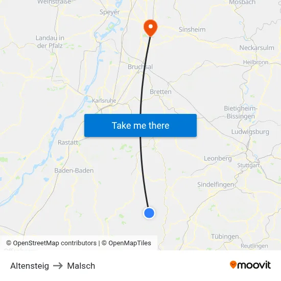 Altensteig to Malsch map