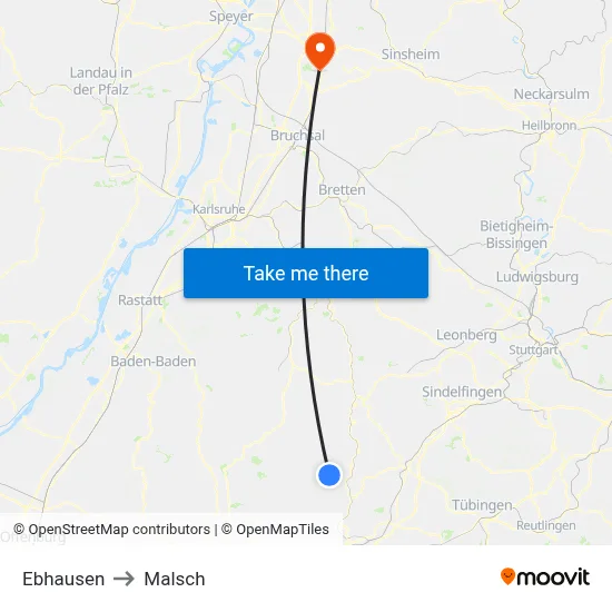 Ebhausen to Malsch map