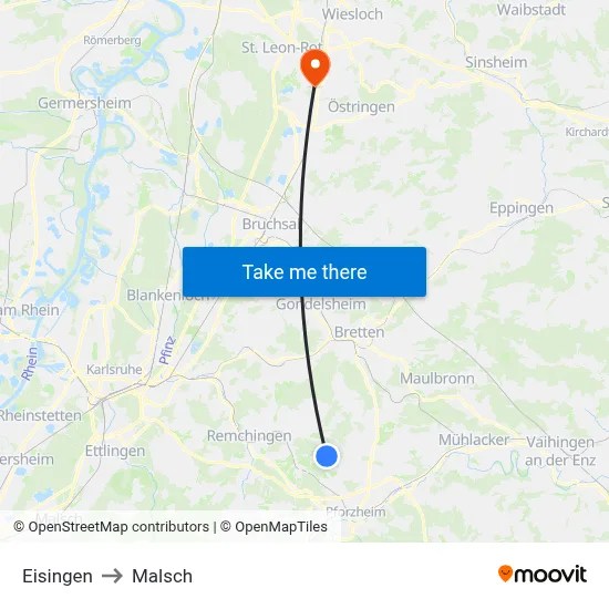 Eisingen to Malsch map