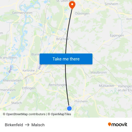 Birkenfeld to Malsch map