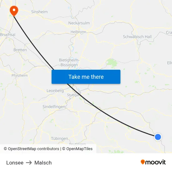 Lonsee to Malsch map