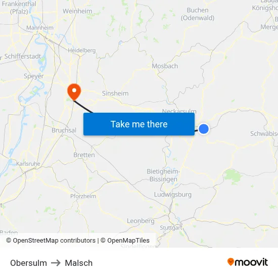 Obersulm to Malsch map