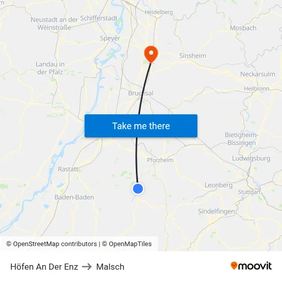 Höfen An Der Enz to Malsch map