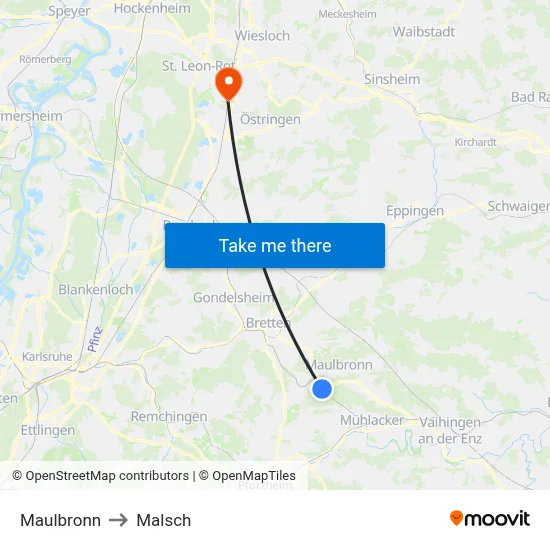 Maulbronn to Malsch map
