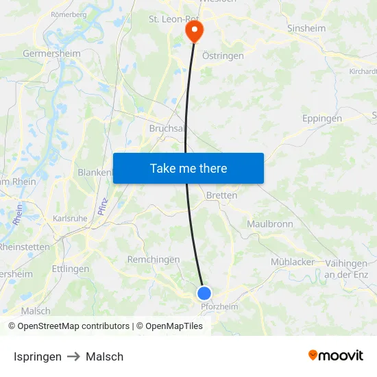 Ispringen to Malsch map