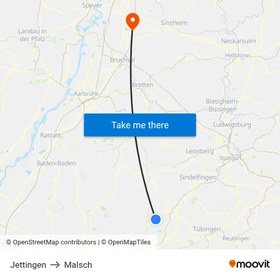Jettingen to Malsch map