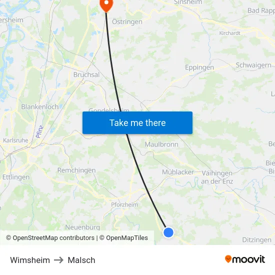 Wimsheim to Malsch map