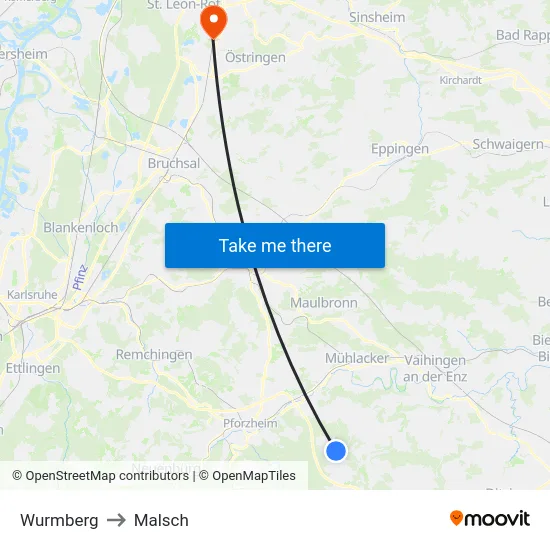 Wurmberg to Malsch map
