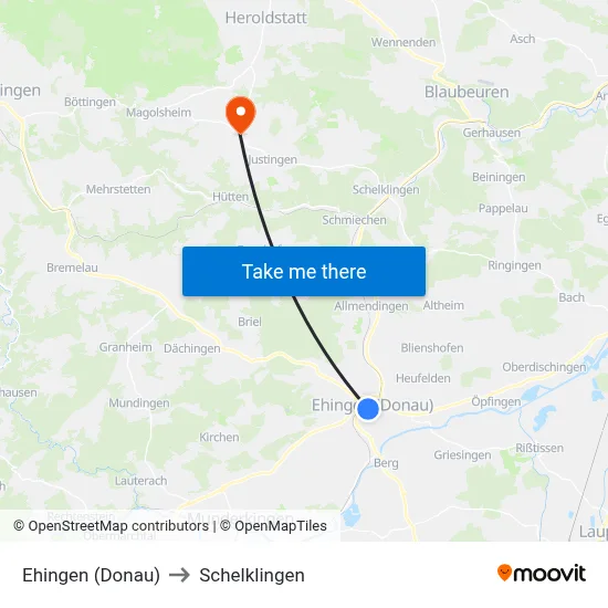 Ehingen (Donau) to Schelklingen map