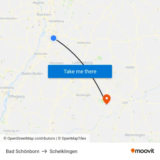 Bad Schönborn to Schelklingen map