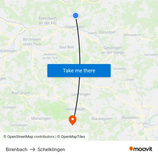 Birenbach to Schelklingen map