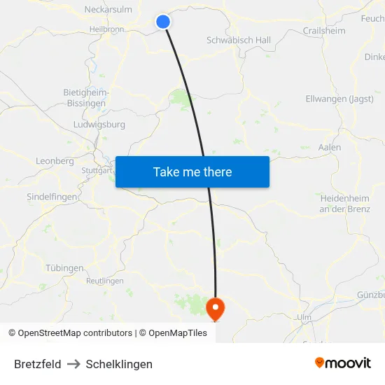 Bretzfeld to Schelklingen map