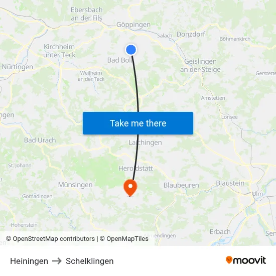 Heiningen to Schelklingen map