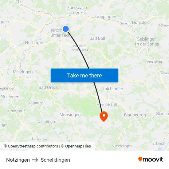 Notzingen to Schelklingen map